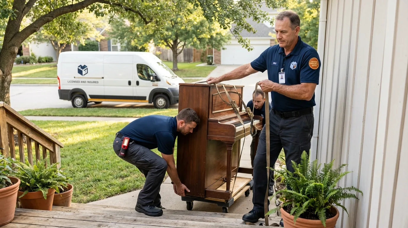 Licensed piano movers securing grand piano in Anthony, NM