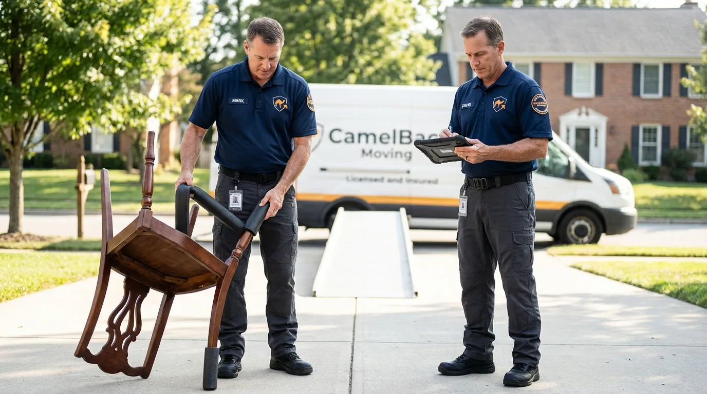 Movers inspecting furniture for damage prevention before loading in Anthony, NM