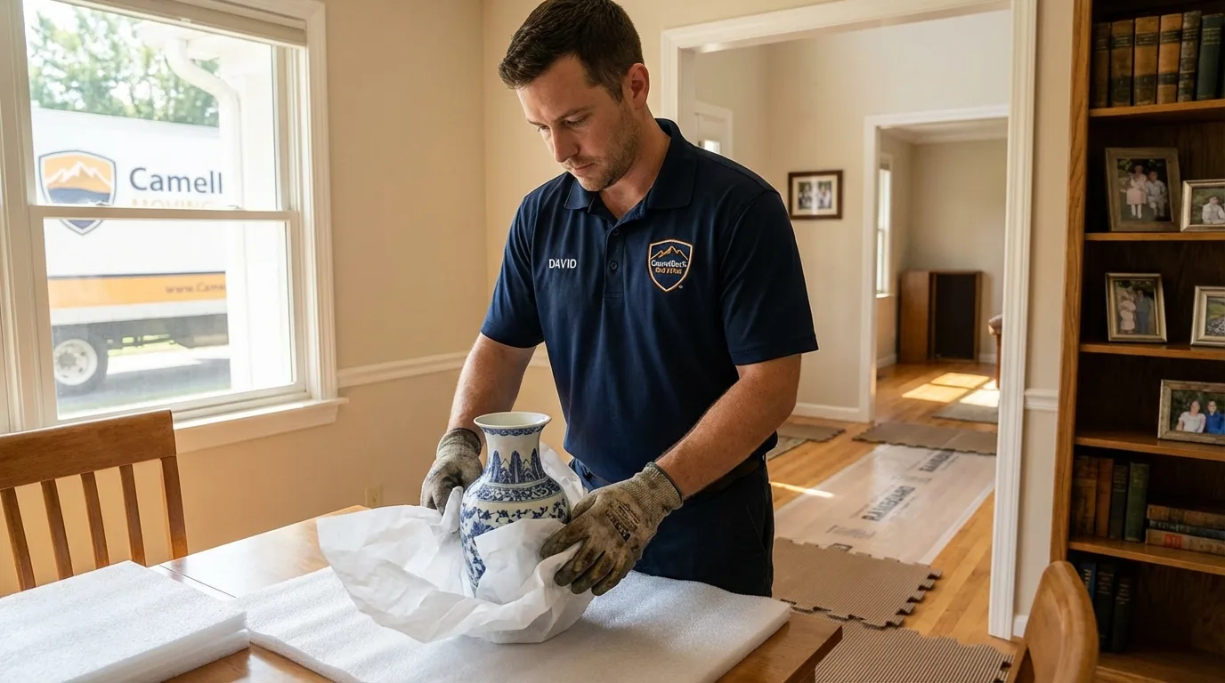 Professional crew carefully wrapping antique vase for senior downsizing move in Anthony, NM